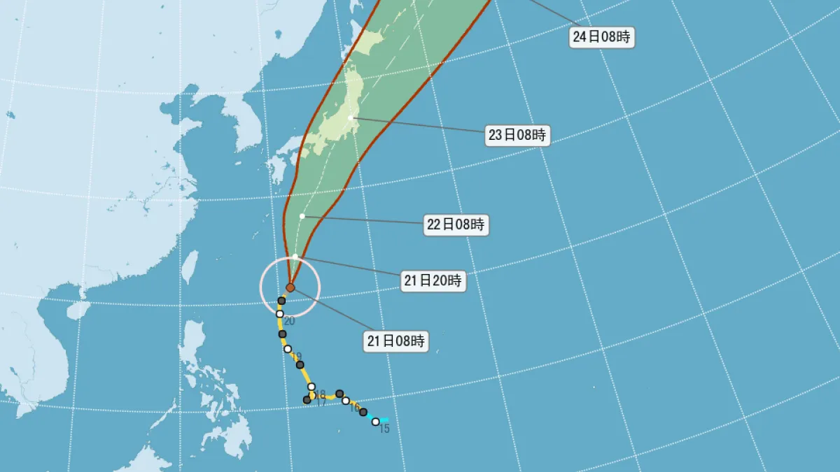 中央氣象局21日上午表示,蘭恩颱風已增強為強烈颱風,受到外圍環流與東北風共同影響,周六到下周三北部、東北部低溫恐降至18度。(中央氣象局提供)