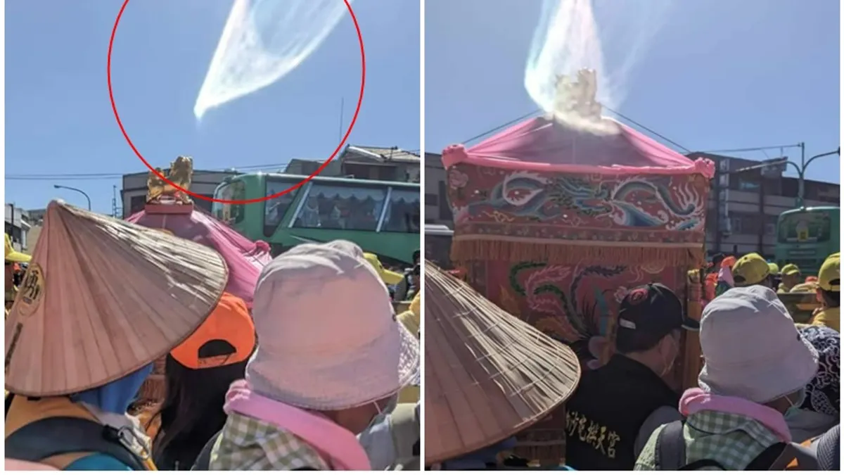網友拍到「粉紅超跑」轎頂出現疑似神蹟。(圖/翻攝自台灣媽祖粉絲團)