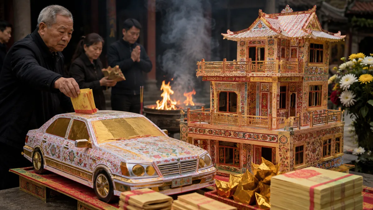 在台灣傳統喪禮中,常能看到親友準備紙房子、紙車、紙衣、紙金銀財寶等紙紮用品,並在告別式或出殯後焚燒。(示意圖/ChatGPT生成圖片)