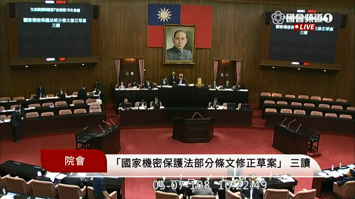 立法院院會7日三讀通過《國家機密保護法》部分條文修正案,刪除涉密人員退離職後可縮減3年出境管制期的規定,並明定管制時間最長可達6年。(取自Youtube國會頻道-立法院議事轉播)