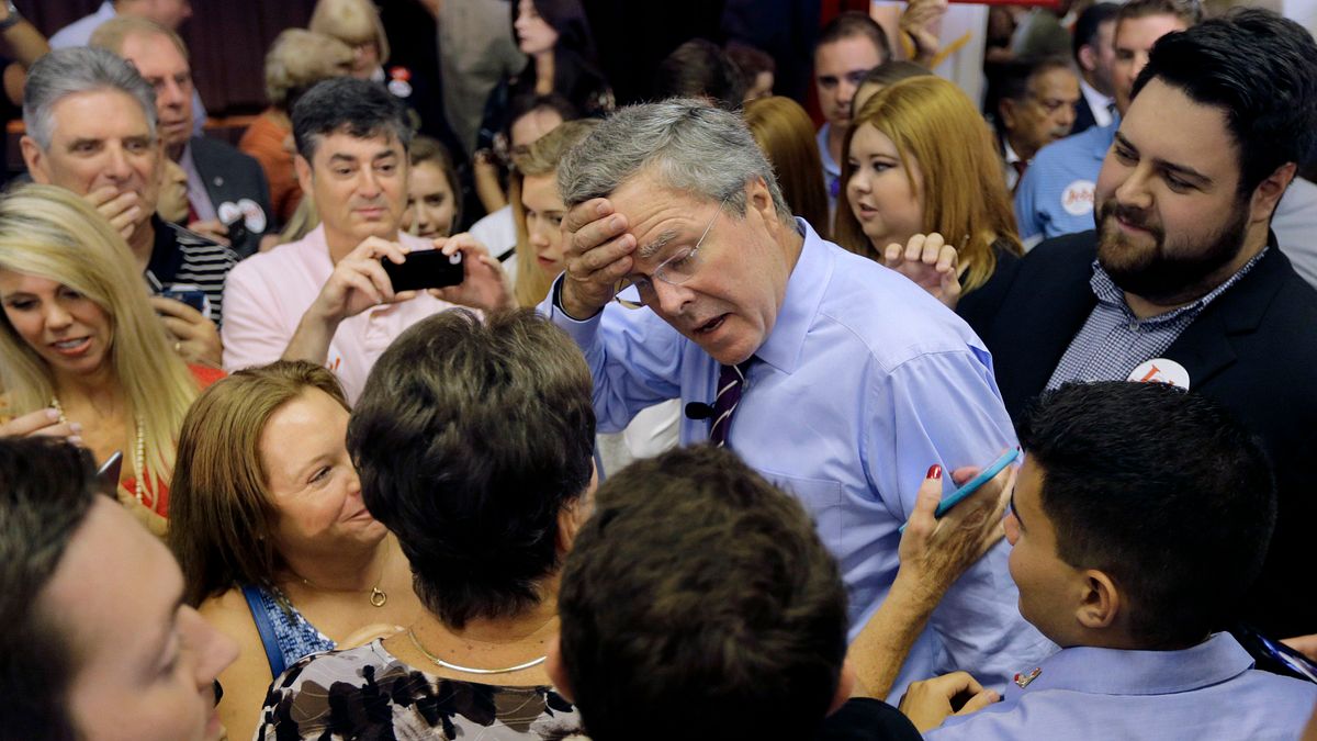 傑布布希(擦汗者)宣布投入爭取共和黨總統提名後,民調直直落。(美聯社) 傑布布希(擦汗者)宣布投入爭取共和黨總統提名後,民調直直落。(美聯社)