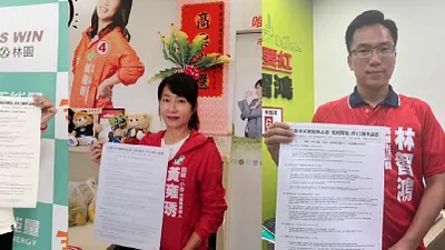 高雄市議員李雅慧、林智鴻、黃文益、鄭孟洳,以及市議員候選人李雨庭、黃雍琇,聯合公布柯志恩考前猜題。(圖/湧言會提供)