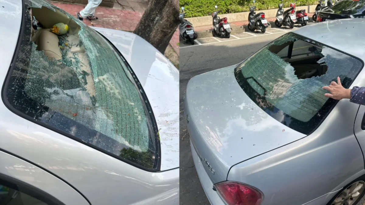 台中車輛擋風玻璃遭芒果砸穿。(圖/翻攝自羅廷瑋 臉書)