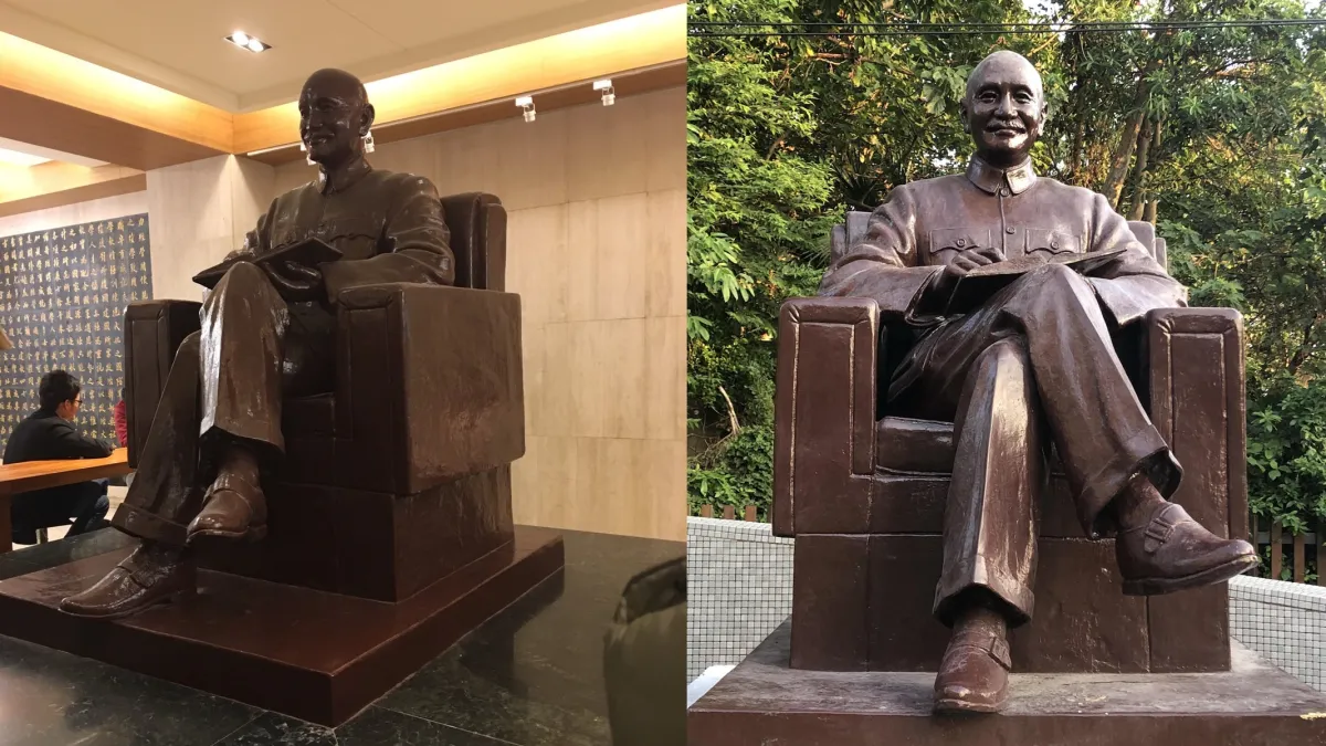 原本位於政大圖書館的蔣中正銅像(左)已遷移至華興育幼院(右)(政大)
