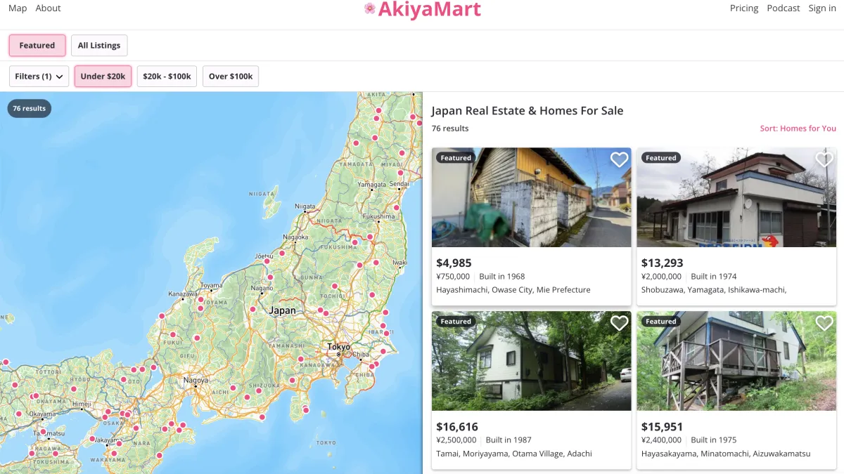 The Akiyamart website, which connects buyers with vacant properties across Japan. (Screenshot of Akiyamart website)