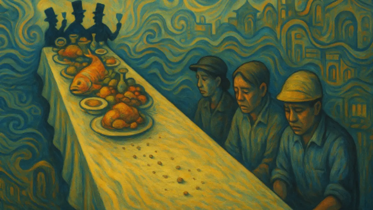 他們興高采烈地展示著,從主人餐桌上拾回來的麵包屑;但他們,是否曾告訴我們,我們父母那一代人,以及我們自己,辛苦打拚所做出的那整桌「主菜」,正在被誰端走?。(作者提供。) 他們興高采烈地展示著,從主人餐桌上拾回來的麵包屑;但他們,是否曾告訴我們,我們父母那一代人,以及我們自己,辛苦打拚所做出的那整桌「主菜」,正在被誰端走?。(作者提供。)