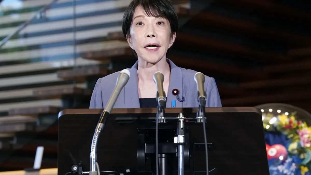 Japanese Prime Minister Takaichi Sanae holds a press conference following the Kumamoto earthquake. (AP)