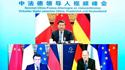 2022年3月8日,中、法、德領導人舉行視訊峰會。(美聯社)