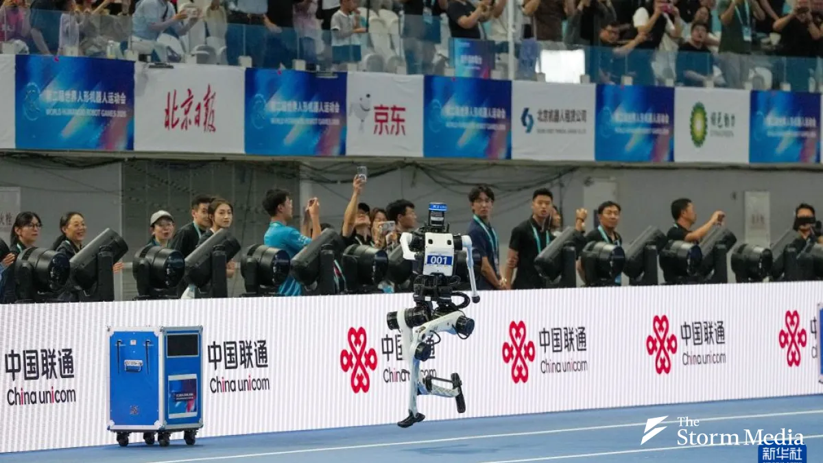 Humanoid robots line up to compete at the second World Humanoid Robot Games held at Beijing's National Speed Skating Oval, August 22–26, 2026.
