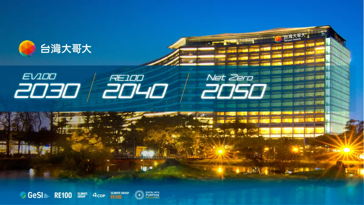 台灣大承諾2030年前實現全公司交通載具100%電動化(EV100),2040年達到全公司100%使用再生能源(RE100),2050年達成淨零碳排(Net Zero)。