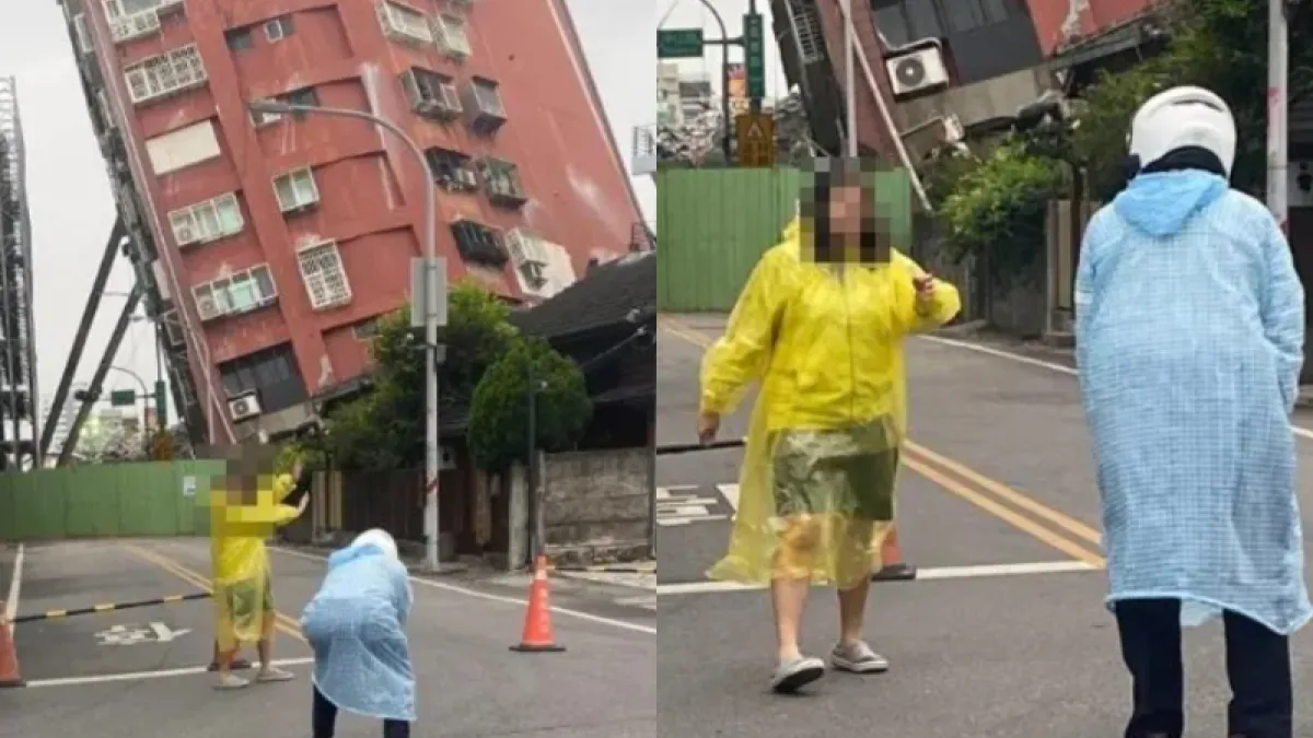 2名男女在傾斜倒塌的花蓮天王星大樓前拍照,引起一片罵聲。(圖/翻攝自FB/花蓮同鄉會)