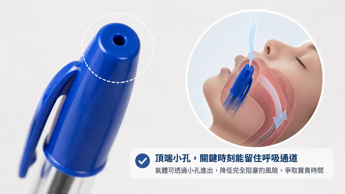 拿起一支有筆蓋的原子筆仔細觀察,常會發現筆蓋頂端並非完全密封,而是刻意留有一個小洞。(圖/ChatGPT生成圖片)