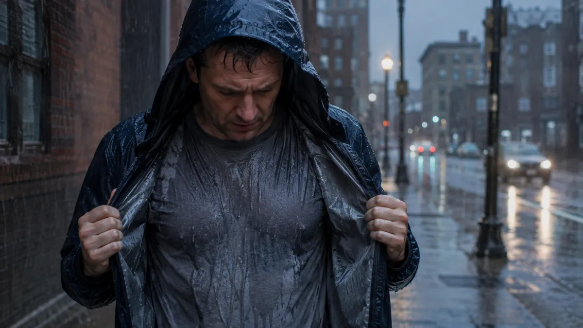 下雨天騎車或走在戶外,明明雨衣外觀看起來好好的,回到家脫下來卻發現背部、胸口甚至整件衣服都濕了,第一個反應往往是「雨衣漏水」。(示意圖/ChatGPT)