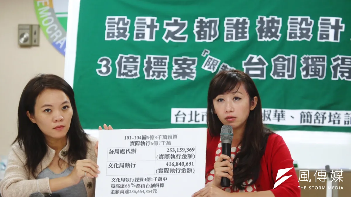 台北市議員許淑華(右)、簡舒培11日上午召開記者會,質疑台北市政府文化局設計之都系列活動,有高達文化局執行預算的68%、近3億元由「台灣創意設計中心」以限制性招標的方式得標。(蔡耀徵攝)