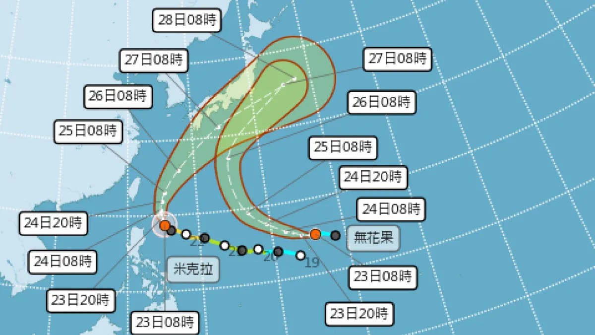 米克拉、無花果颱風最新路徑潛勢圖。目前海面上正維持著 7 號強颱「米克拉」與 8 號輕颱「無花果」雙颱共舞的局面(圖/取自氣象署)