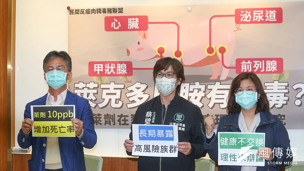 民眾黨立委蔡壁如(中)、蘇偉碩醫師(左)、王文心博士(右)24日舉行「萊克多巴胺有多毒?」記者會。(顏麟宇攝)