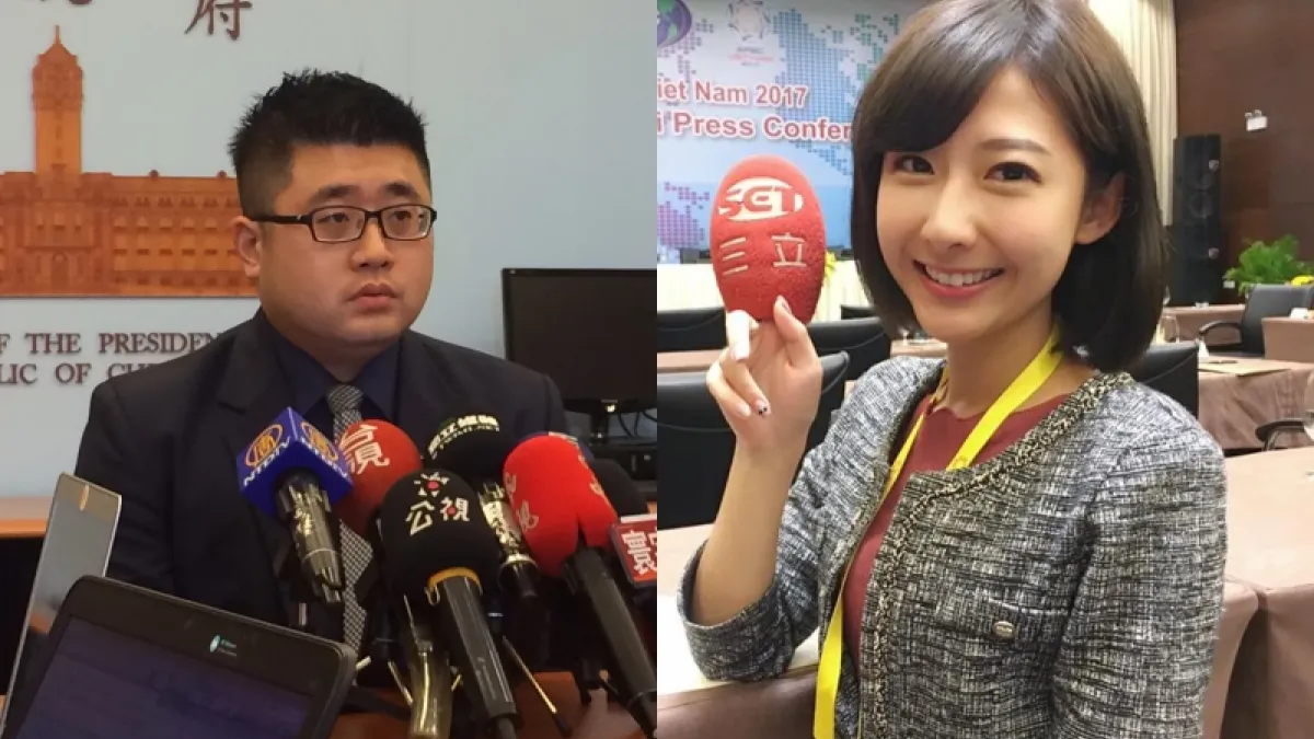 總統府發言人林鶴明(左),其主播女友莊惠琪(右)遭爆劈腿。林鶴明表示報導並非事實,信任女友。(記者石秀娟攝、莊惠琪臉書/影像合成:風傳媒)