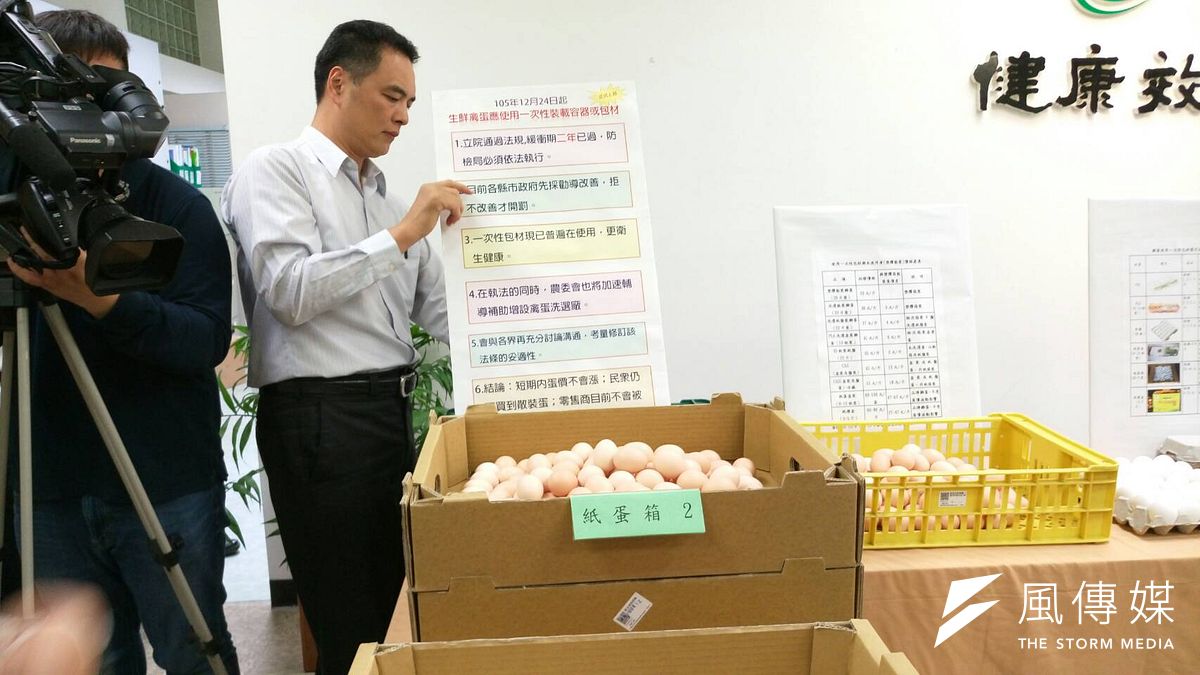 「裝載生鮮禽蛋,應使用一次性之裝載容器或包材」法案開始實施,農委會召集地方政府開會,宣布未來3-6個月先進行輔導,並且以中大盤商做為優先稽查的對象。(林上祚攝) 「裝載生鮮禽蛋,應使用一次性之裝載容器或包材」法案開始實施,農委會召集地方政府開會,宣布未來3-6個月先進行輔導,並且以中大盤商做為優先稽查的對象。(林上祚攝)