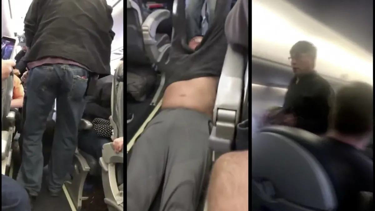 美國聯合航空9日晚間將一名69歲華裔乘客強行拖下機,過程中男子受傷,滿臉是血。(美聯社)