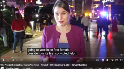 公視Taiwan Plus一部針對美國大選的影片,委外記者向全世界說美國新總統川普是「被定罪的重刑犯」。(截自TaiwanPlus官網)