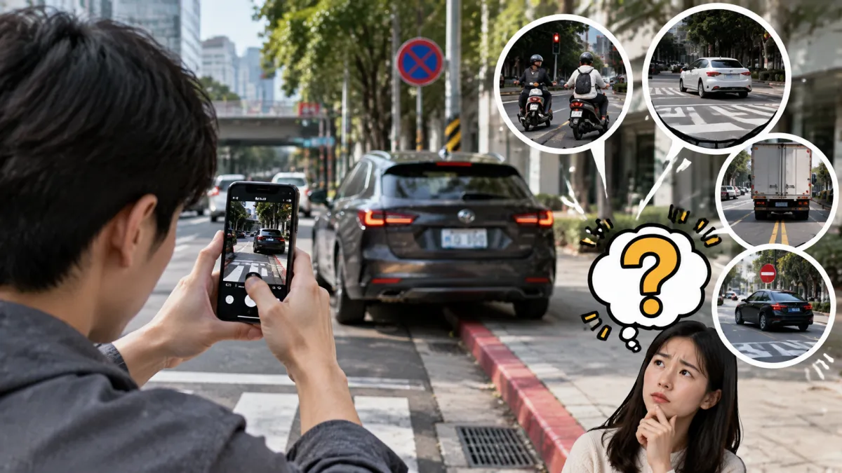 路上看到汽車闖紅燈、違規停車,或駕駛開車滑手機,不少人第一時間會拿出手機拍照,準備上網檢舉。(示意圖/AI生成)