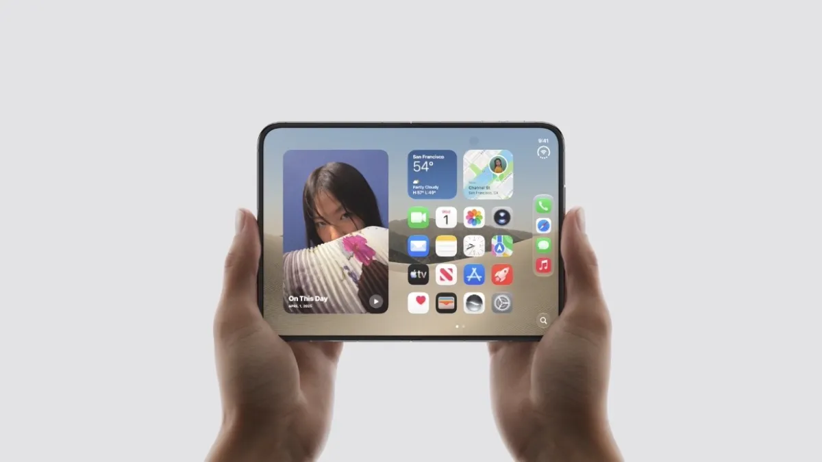 iPhone Duo展開後配備7.6吋內螢幕,刷新了蘋果史上諸多紀錄。(圖/Apple提供)