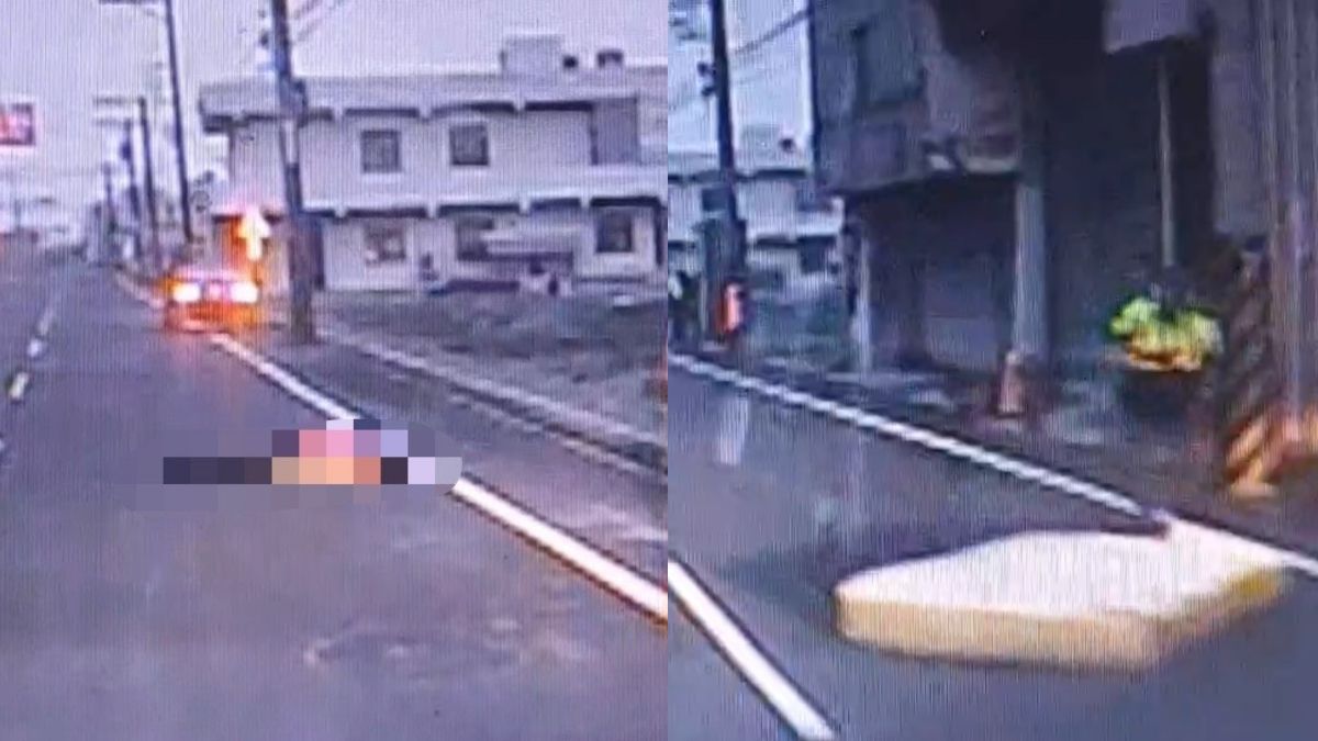 許男撞到被強風吹到路中的床墊後倒地不起,今家屬忍痛放棄急救,宣告不治。(圖/記者李東陞翻攝) 許男撞到被強風吹到路中的床墊後倒地不起,今家屬忍痛放棄急救,宣告不治。(圖/記者李東陞翻攝)