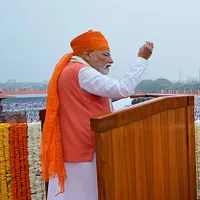 インドのモディ首相が独立記念式典で演説した。(AP通信) インドのモディ首相が独立記念式典で演説した。(AP通信)