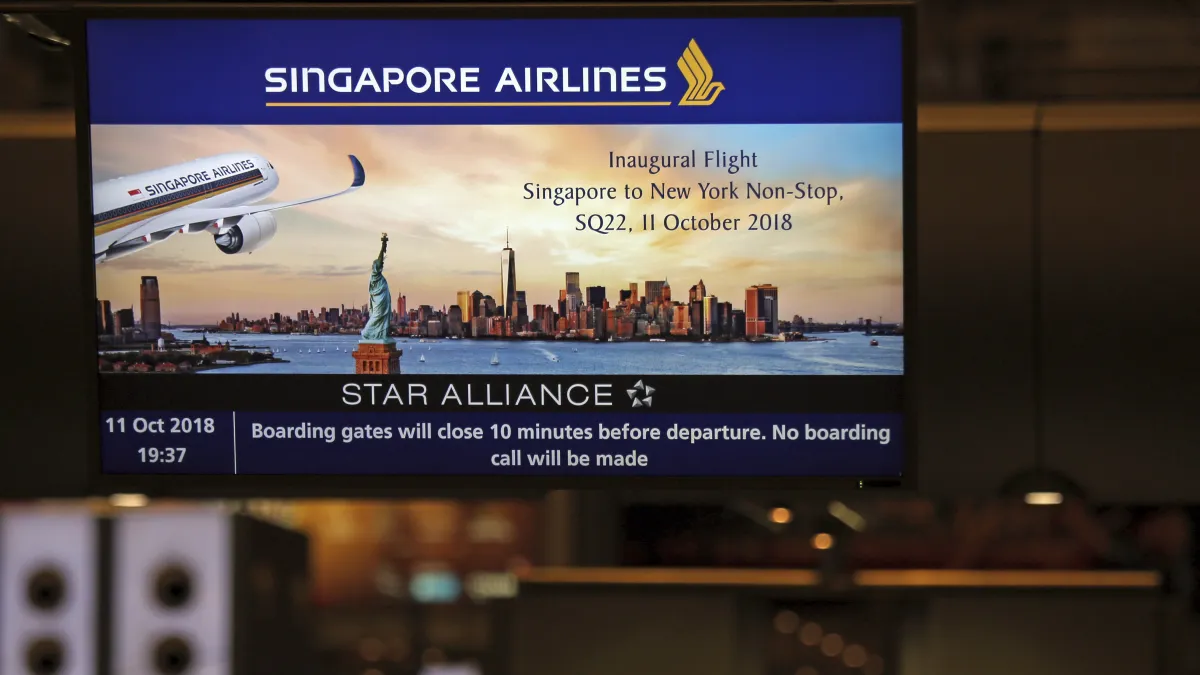 新加坡航空重啟全球最長航線,樟宜直飛紐瓦克,飛行時間長達18小時45分鐘。(美聯社)