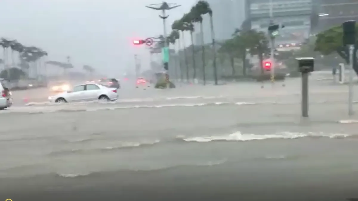 高雄夢時代購物中心附近,因豪雨導致路面淹水。(網友提供)