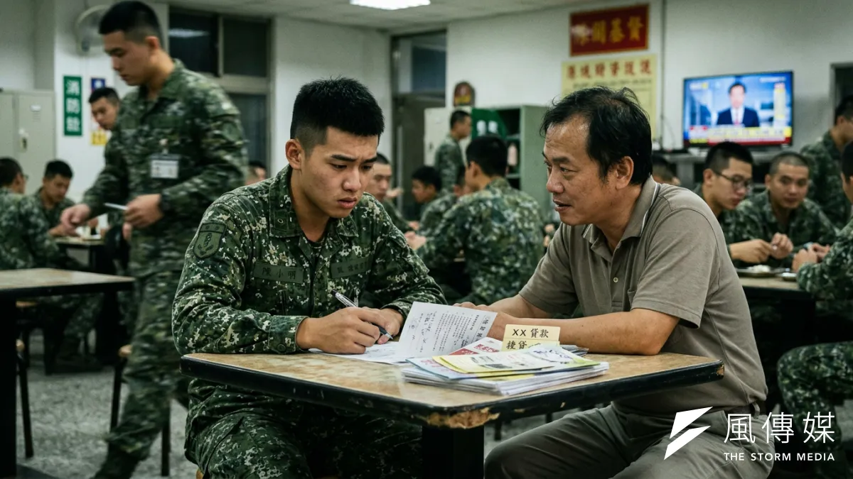 地下錢莊的借貸侵入軍營和部隊。圖中的士兵換成台灣人的臉孔。(AI生成示意闆)