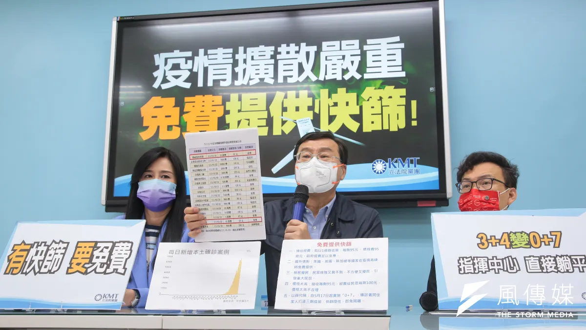 國民黨總召曾銘宗(中)、立委萬美玲(左)、鄭正鈐(右)18日召開「疫情擴散嚴重,免費提供快篩!」記者會。(顏麟宇攝)
