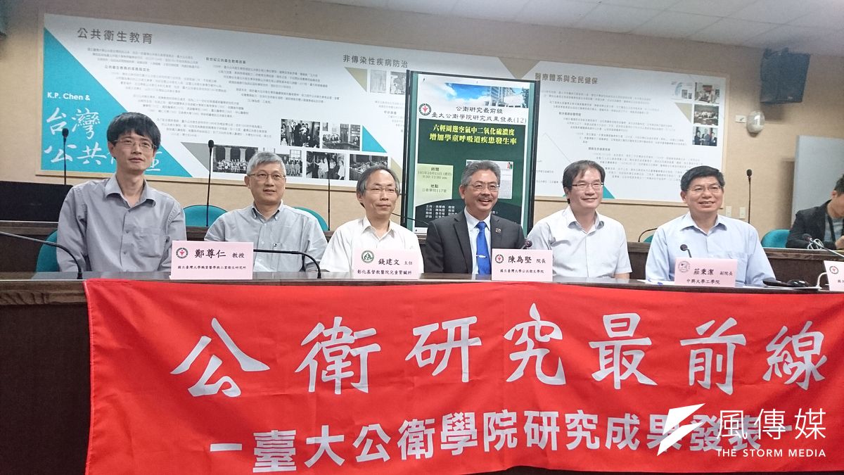 台大公衛學院發表登上國際期刊最新研究,證實六輕二氧化硫排放與鄰近鄉鎮學童的呼吸道疾病具正相關性,與會學者包括:台大教授鄭尊仁(左二起)、彰化基督教醫院醫師錢建文、台大公衛學院院長陳為堅、中興大學工學院副院長莊秉潔,以及此次計畫的主持人台大公衛學院副院長詹長權。(黃天如攝) 台大公衛學院發表登上國際期刊最新研究,證實六輕二氧化硫排放與鄰近鄉鎮學童的呼吸道疾病具正相關性,與會學者包括:台大教授鄭尊仁(左二起)、彰化基督教醫院醫師錢建文、台大公衛學院院長陳為堅、中興大學工學院副院長莊秉潔,以及此次計畫的主持人台大公衛學院副院長詹長權。(黃天如攝)