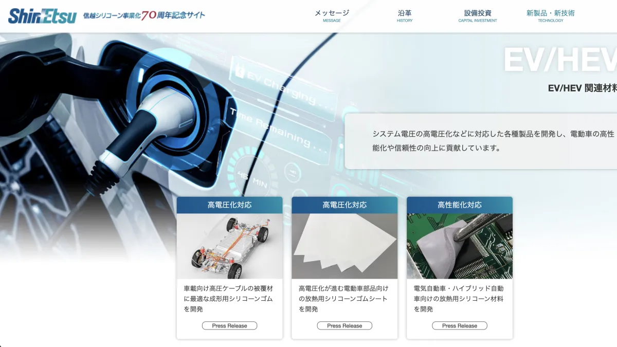 信越化學介紹電動車相關產品的頁面。(翻攝信越化學官網)