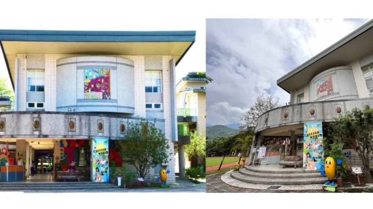 張哲淵主任用各種角度拍出校園景觀,師生們說學校怎麼「歪樓」了,有人說像一個帶著博士帽的學者,令人會心一笑。(圖/教育局提供)