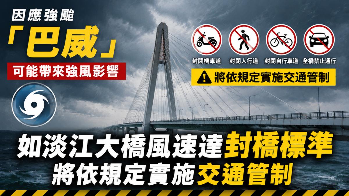淡江大橋遇強風封橋 新北警籲提前改道 避免壅塞確保安全