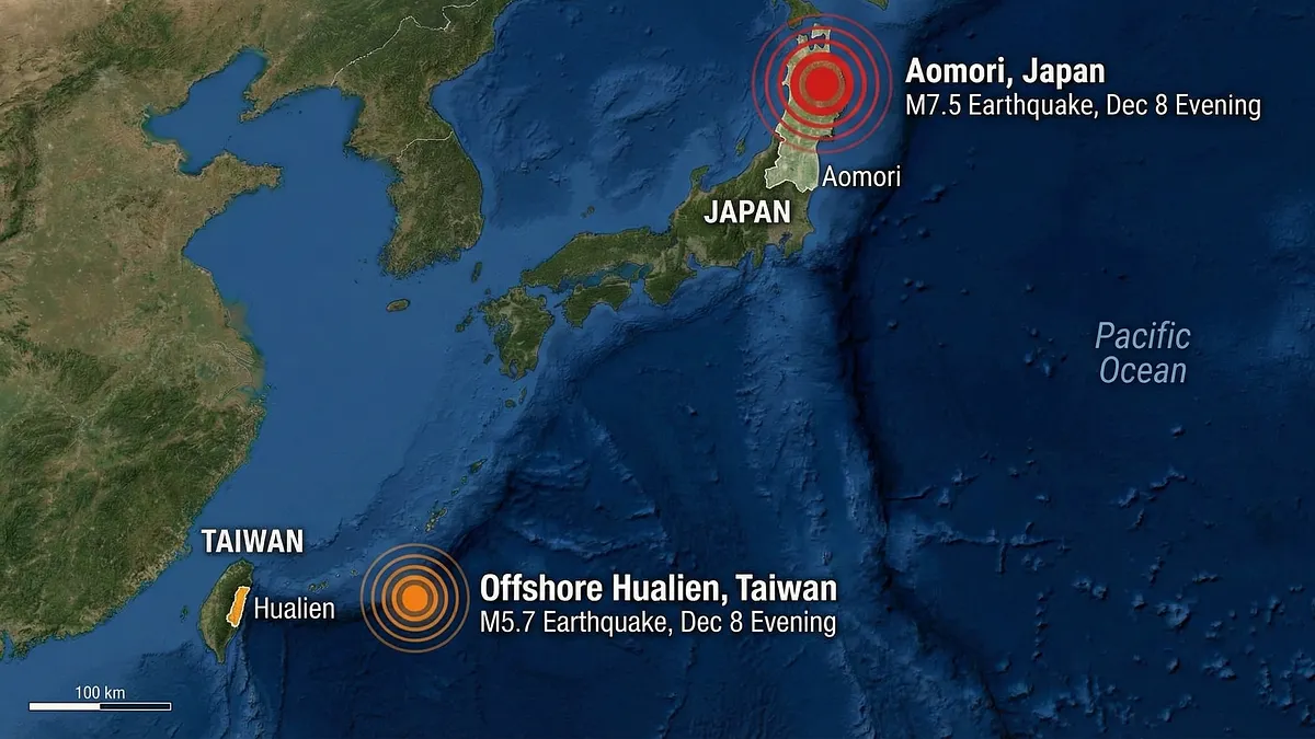 就在日本地震發生前數小時,花蓮近海也在晚間7時24分發生規模5.7的地震。吳健富指出,這起地震屬極淺層、震源深度24.5公里,中部以東多處都有顯著震度,其成因是菲律賓海板塊與歐亞大陸板塊碰撞造成能源釋放,與日本青森外海發生的板塊活動並無直接連動,但在區域應力環境上仍屬同一大範圍。(圖/智慧內容中心製) 就在日本地震發生前數小時,花蓮近海也在晚間7時24分發生規模5.7的地震。吳健富指出,這起地震屬極淺層、震源深度24.5公里,中部以東多處都有顯著震度,其成因是菲律賓海板塊與歐亞大陸板塊碰撞造成能源釋放,與日本青森外海發生的板塊活動並無直接連動,但在區域應力環境上仍屬同一大範圍。(圖/智慧內容中心製)