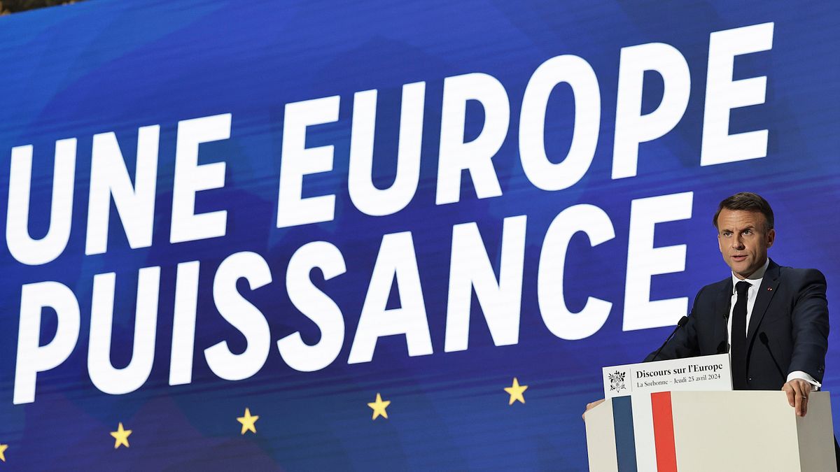 2024年4月25日法國總統馬克宏在索邦大學演講。(美聯社) 2024年4月25日法國總統馬克宏在索邦大學演講。(美聯社)