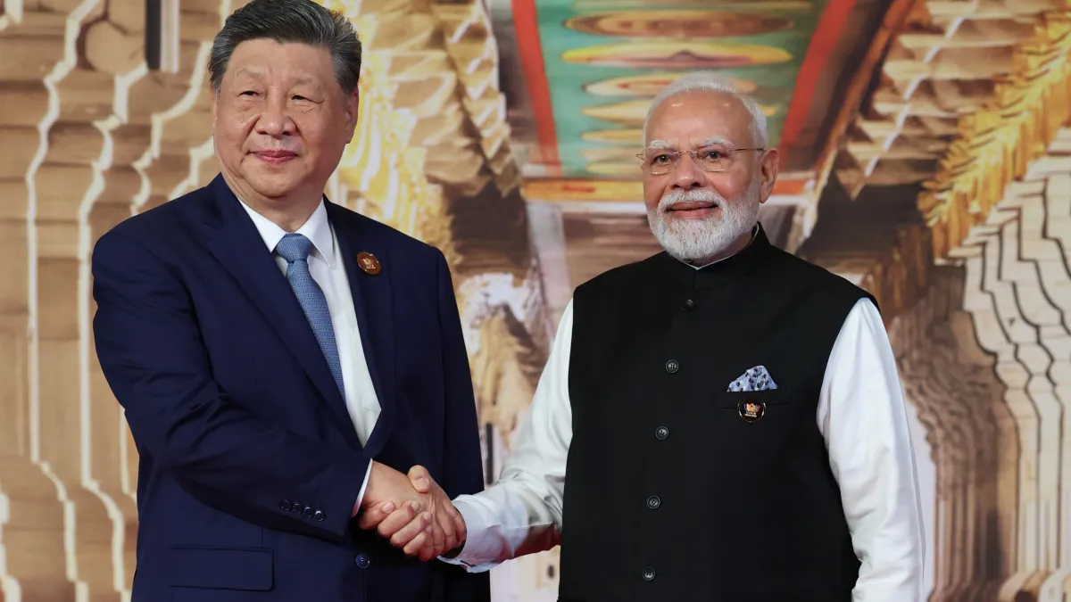 Chinese President Xi Jinping (left) shakes hands with Indian Prime Minister Narendra Modi at the BRICS summit in New Delhi on September 12, 2026. (Associated Press)