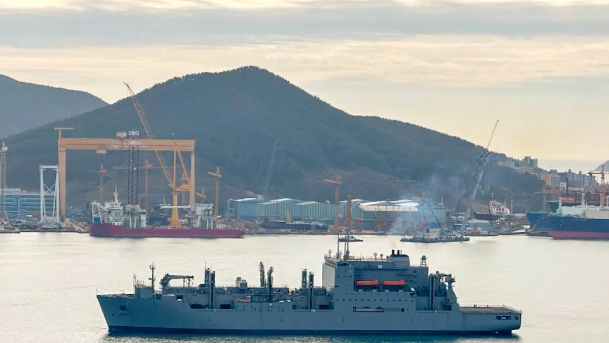 A US Navy cargo ship departs Hanwha Ocean's shipyard in South Korea after a seven-month overhaul, March 2025. (Photo: US Military Sealift Command / DVIDS)