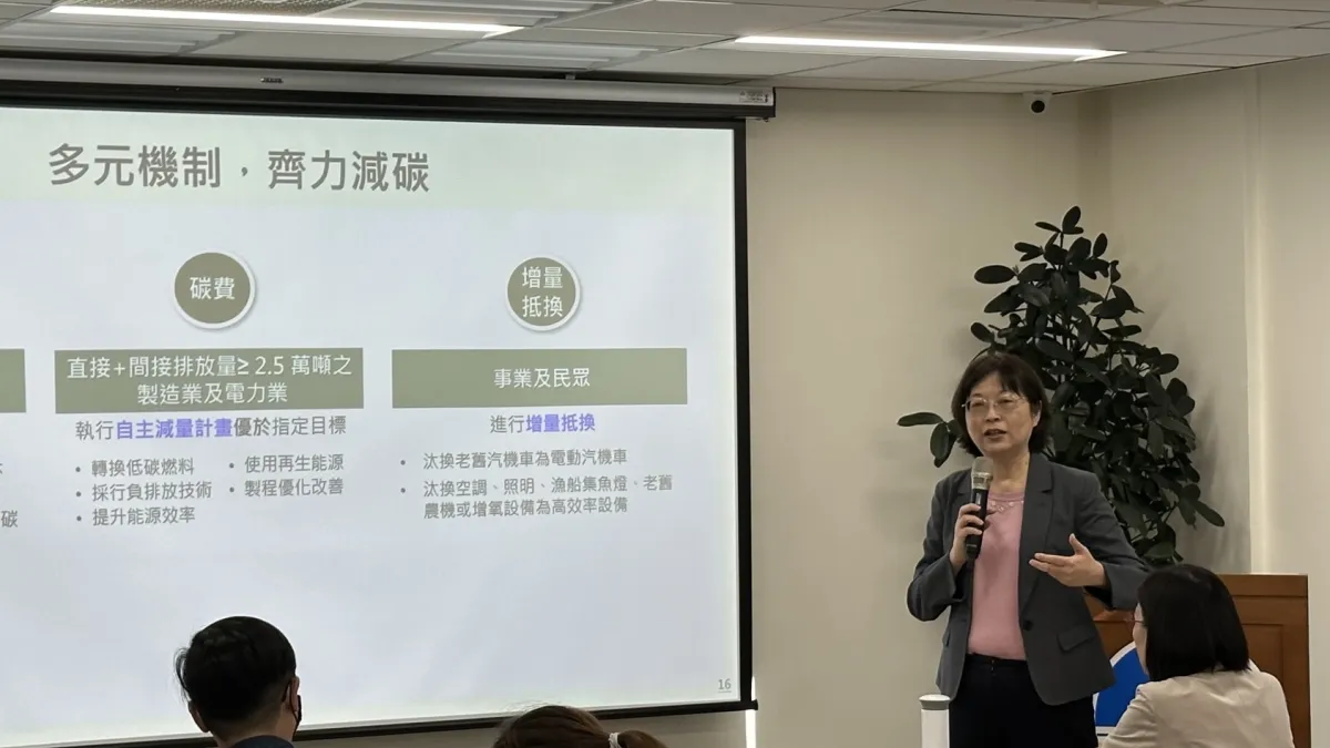環境部氣候署蔡玲儀署長說明自願減量及增量抵換子法。(圖/環境部氣候變遷署提供)