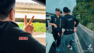 一名男網友在車內比出YA的手勢,卻遭到國道警察攔下,質疑他「比不雅手勢」、「開窗將頭手伸出」。(圖/翻攝自tiktok)