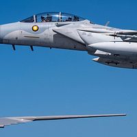 カタール空軍が最新鋭のF-15QA戦闘機を派遣し、空軍一号を護衛。(AP通信) カタール空軍が最新鋭のF-15QA戦闘機を派遣し、空軍一号を護衛。(AP通信)