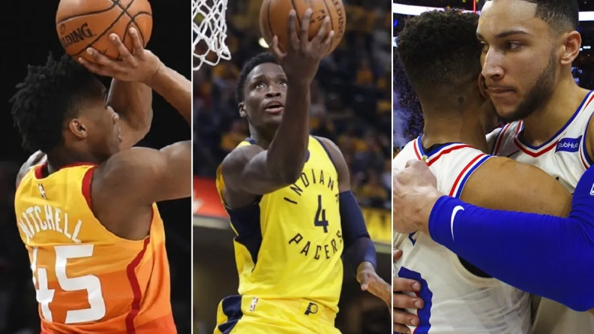 NBA今年季後賽新人備出,爵士米契爾(左),溜馬歐拉迪波(中)與76人西蒙斯(右)都有出色表現,主宰第一輪戰局。(美聯社)