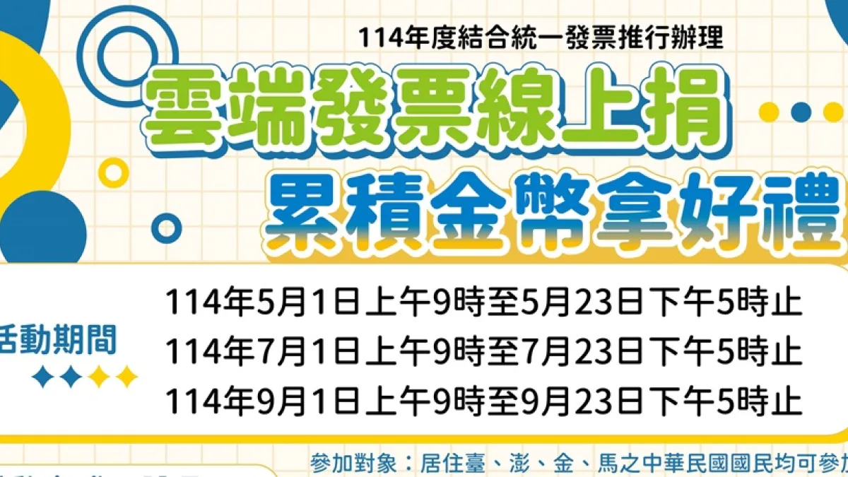 臺北市稅捐處推出「雲端發票線上捐 累積金幣拿好禮」活動,鼓勵民眾完成任務,即可線上累積金幣,兌換豐富好禮。(圖/臺北市政府稅捐處提供)