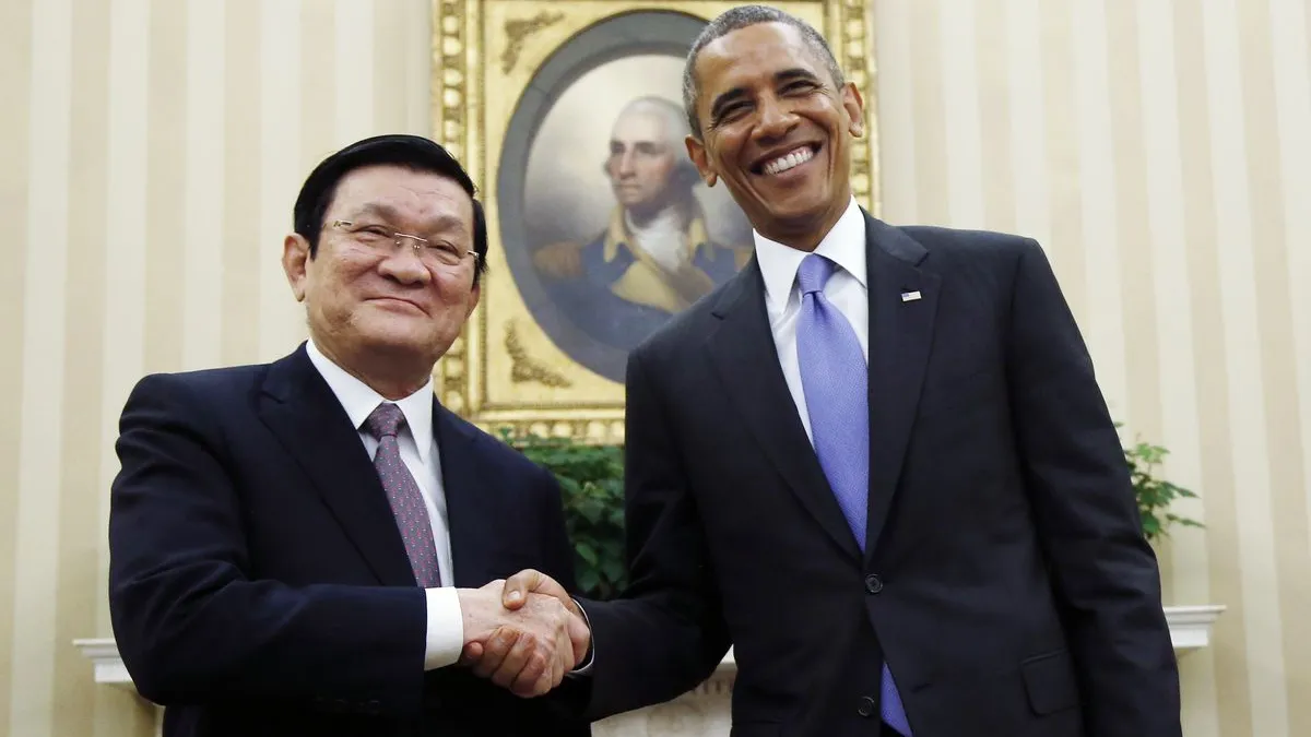2013年越南總統張晉創拜訪白宮,會晤美國總統歐巴馬。
