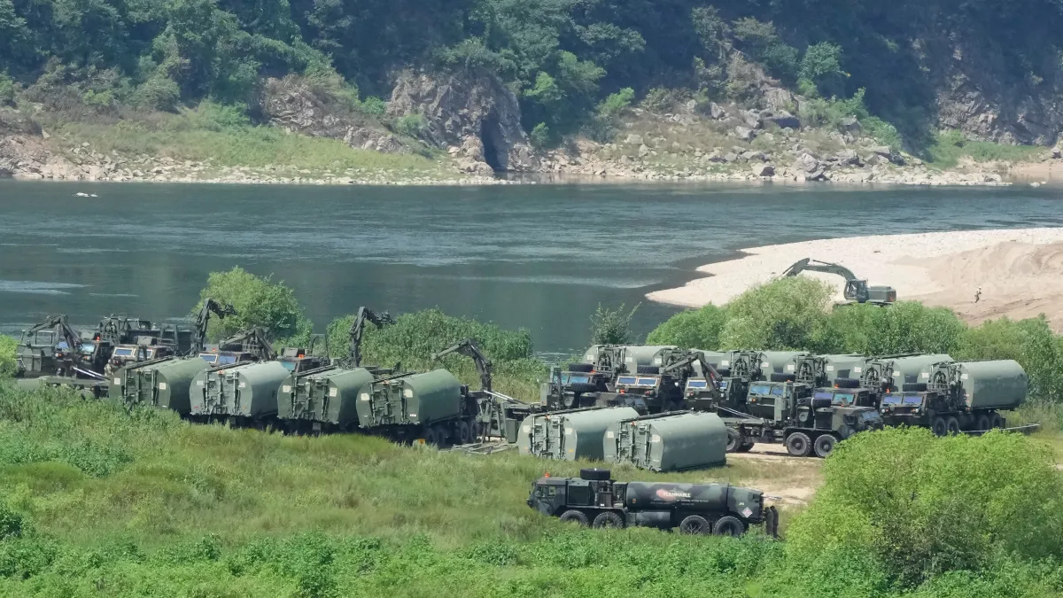 The U.S. Army's armored vehicles gather to cross a river at a training field in Yeoncheon, South Korea, near the border with North Korea, Tuesday, Aug. 18, 2026. (AP)