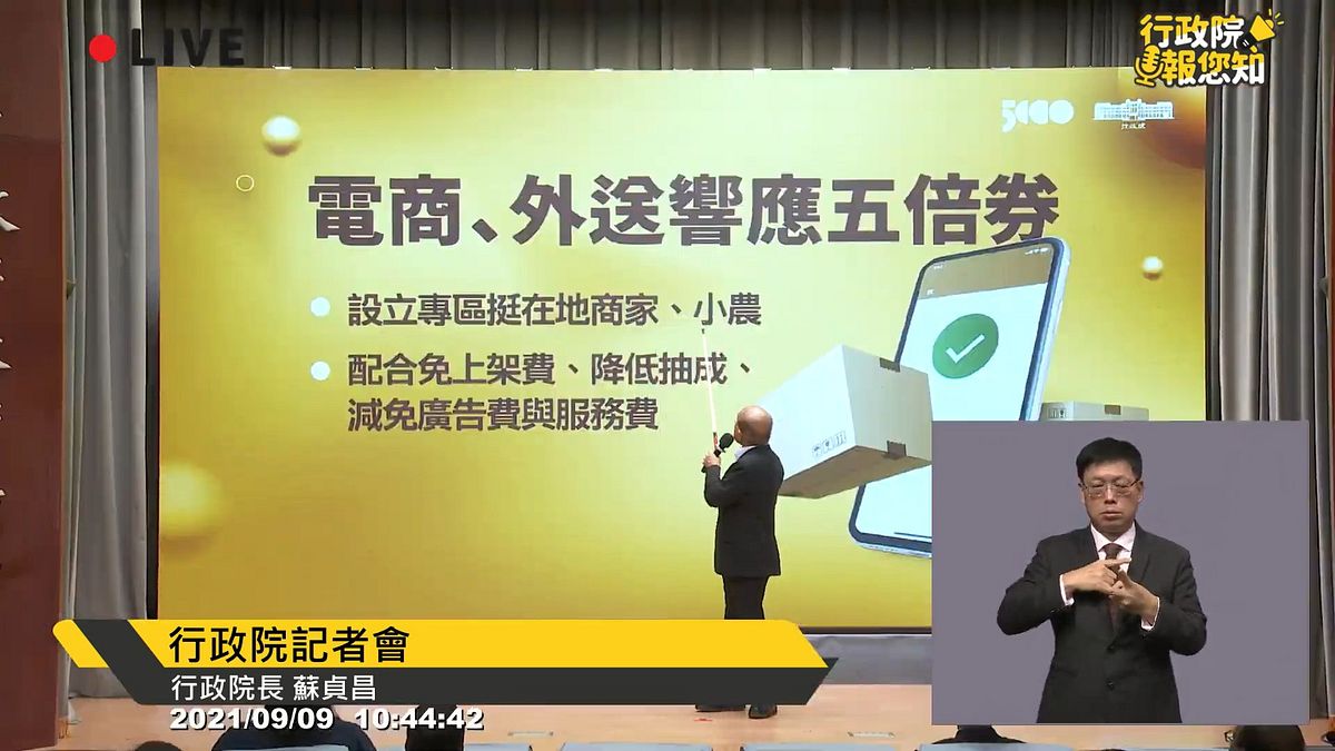 五倍券讓電商、外送可有條件使用,讓外界感到訝異。(圖/翻攝自行政院記者會) 五倍券讓電商、外送可有條件使用,讓外界感到訝異。(圖/翻攝自行政院記者會)