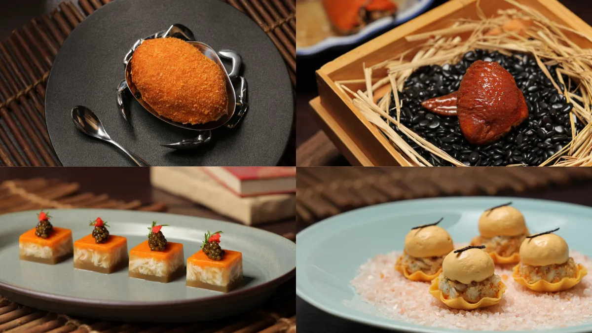 晶華軒新菜霸王蟹甲、大閘蟹粉鑲雞翼、魚子蟹膏凍、蟹肉布甸。(圖/晶華酒店提供)