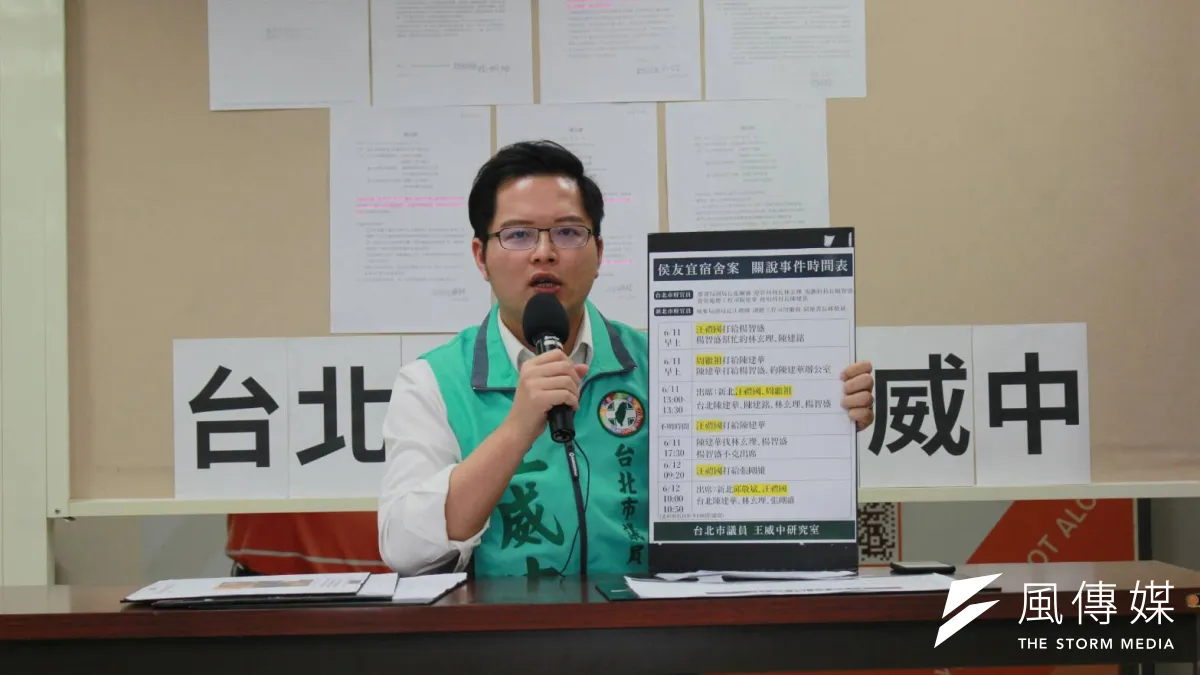 文化大學宿舍爭議,台北市議員王威中20日爆料,在北市府官員的自白備忘錄當中已戳破謊言,新北官員早在11日先邀約北市4位官員討論未果,因此隔天就由邱敬斌出面,邀北市都發局副局長張剛維討論。 (方炳超攝)